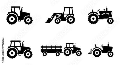 Agricultural tractor silhouette icons set, farm machinery and heavy equipment vector illustrations, black industrial vehicle symbols for farming