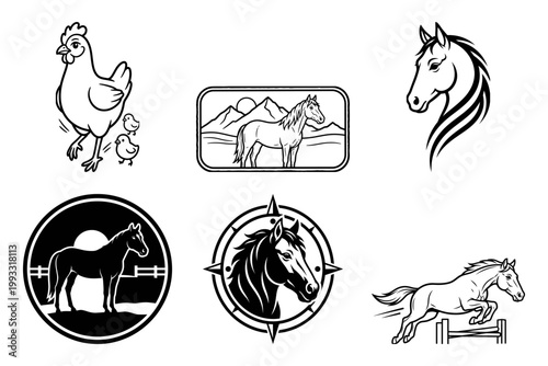 Horse and chicken emblem style animal collection