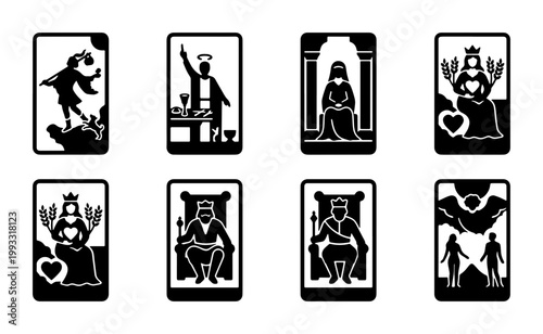 Mystical tarot card icons set, black and white occult deck symbols, 8 vector illustrations of major arcana figures for divination and spiritual branding