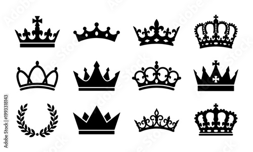 Royal crown silhouette collection, 12 heraldic king and queen tiara icons, black imperial coronet symbols, elegant laurel wreath and monarchy vector set