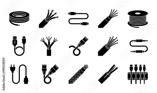 Electrical cable and wire icons set, 15 black vector symbols of power cords and fiber optic connectors, industrial wiring and data connection elements