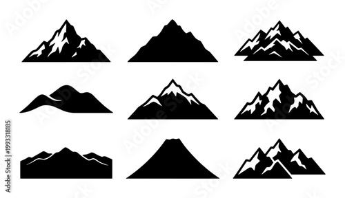 Mountain silhouette vector icons set, black peak shapes for outdoor adventure logos, minimalist nature landscape elements for camping and hiking branding