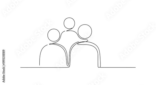 Minimalist single line drawing of three people family group, unity, connection, support, togetherness