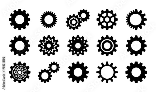 Industrial gear icons set, mechanical cogwheel vector collection, black engine machinery parts, technical hardware equipment symbols for engineering