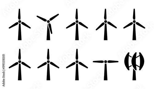 Wind turbine icon set, 10 renewable energy silhouettes, black wind farm vector symbols, sustainable power generation graphics for eco-friendly design