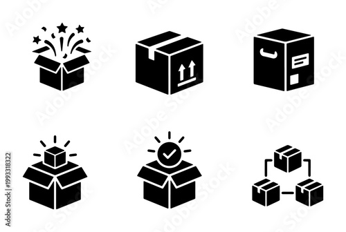 Logistics and delivery box icon set, 6 black solid vector icons for shipping and packaging, cardboard parcel symbols for e-commerce and distribution