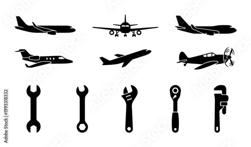Aviation maintenance vector icons, airplane silhouettes and mechanic tools set, black aircraft repair equipment for engineering and flight service