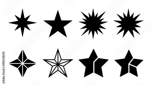 Minimalist black star icons set, geometric celestial vector elements, 8 decorative sparkle and twinkle symbols for graphic design and branding