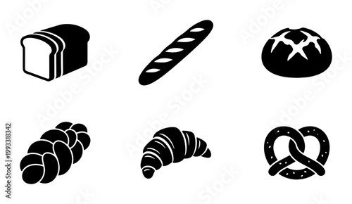 Bakery bread icons set, black silhouette bakery products including baguette and croissant, 6 vector bread elements for cafe menus and food packaging