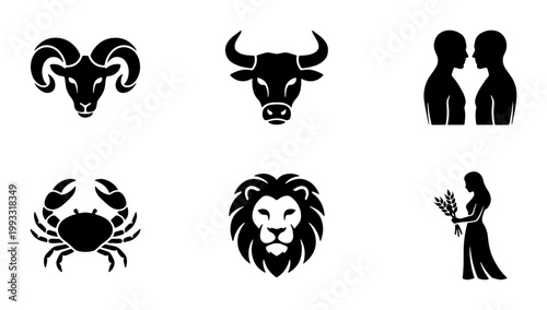Zodiac signs vector icons set, black astrological horoscope symbols, celestial constellations including Aries Taurus Gemini Cancer Leo and Virgo