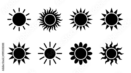 Minimalist sun icon set, black solar symbols collection, 8 vector sunburst silhouettes for weather forecasting and summer branding