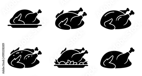 Roasted turkey icon set, black silhouette poultry vector collection, 6 cooked chicken and turkey elements for Thanksgiving and Christmas dinner menus