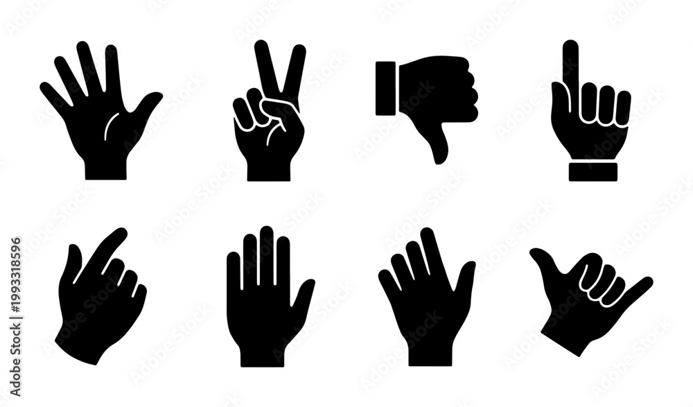 Obraz premium Black hand gesture icons set, 8 flat vector hand silhouettes, human palm and finger communication signs, nonverbal body language symbols