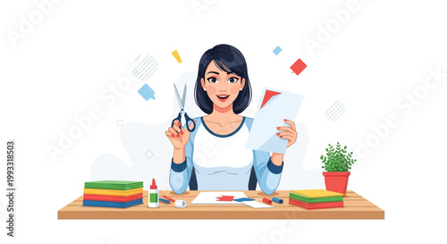 Woman doing arts and crafts with paper, scissors, and glue