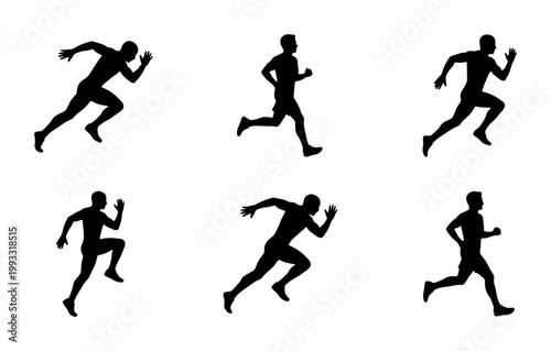 Athletic running man silhouettes set, 6 male sprinter vector icons, black jogging and marathon runner figures, sport and fitness training graphics