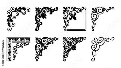 Vintage floral corner borders set, 8 black ornamental vector frames, antique baroque filigree scrollwork, elegant decorative wedding invitation elements
