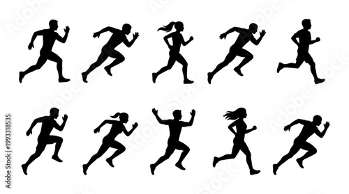 Running silhouettes set of 10 athletes, sprinting man and woman vector icons, jogging people silhouettes for sports and fitness design
