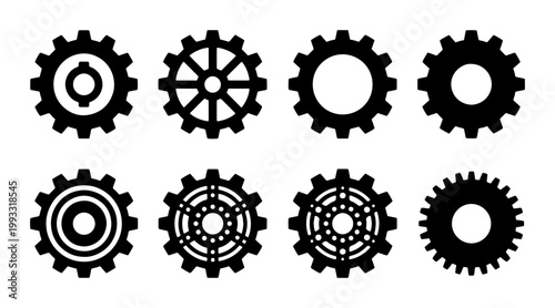 Industrial gear icons set, black mechanical cogwheel silhouettes, 8 vector gear wheels for engineering and technology concepts, minimalist machinery hardware symbols