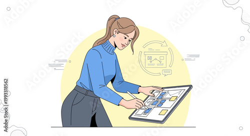 Woman designer working on tablet, planning website layout, user interface design