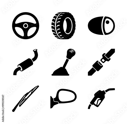 Automotive parts icon set, black car service and repair symbols, 9 vehicle maintenance vector elements for mechanic shop and garage