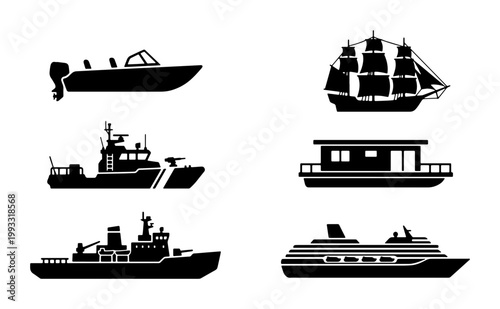 Nautical ship silhouettes set, 6 black boat icons including cruise liner and sailboat, maritime vessel collection for marine transport design