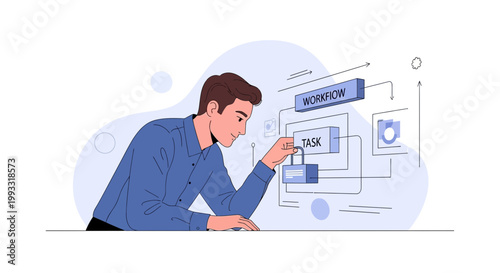 Man analyzing workflow and task management in business process illustration