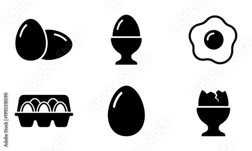 Minimalist egg icon set, black silhouette poultry egg symbols, collection of 6 breakfast food vector elements for menu design and grocery apps