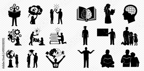 Set of black silhouettes illustrating education, learning, knowledge, and intellectual development concepts.