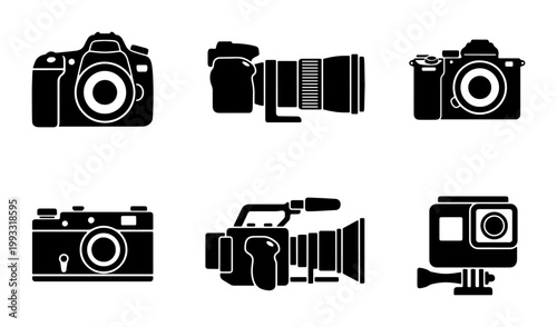 Professional camera icon set, black silhouette photography equipment vectors, digital dslr and mirrorless camera symbols, action cam and camcorder graphics