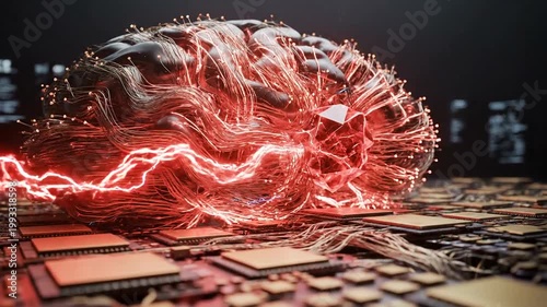 A glowing red brain with lightning on circuits.