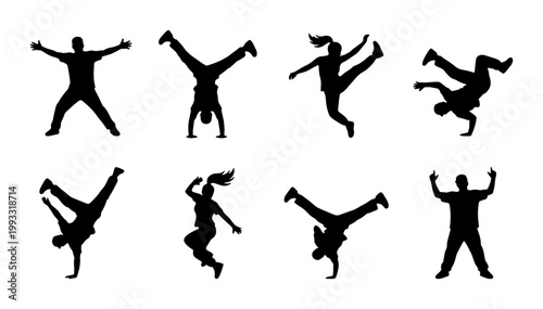 Breakdance silhouette collection with 8 dancer icons, hip hop street dance vector set, acrobatic performers in athletic poses for urban culture design