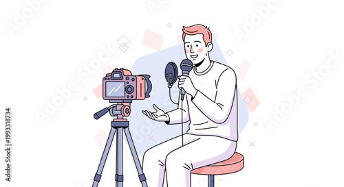 Vlogger recording video with camera and microphone, content creator lifestyle