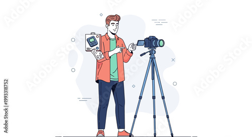Vlogger presenting product with camera on tripod, online content creation concept