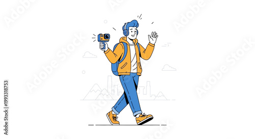 Vlogger with Camera and Headphones Walking in City, Waving Hello