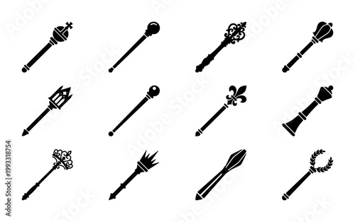 Canvas-taulu Medieval royal scepter icons set, 12 black silhouette monarch wands, antique cer
