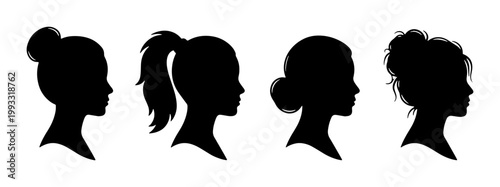 Woman profile silhouette set with different hairstyles, female head side view vector icons, black girl hair style collection for beauty salon branding