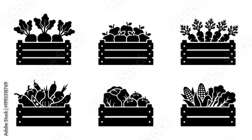 Black silhouette vegetable crates icon set, wooden boxes with fresh organic farm produce, 6 garden harvest vector elements for grocery and market branding