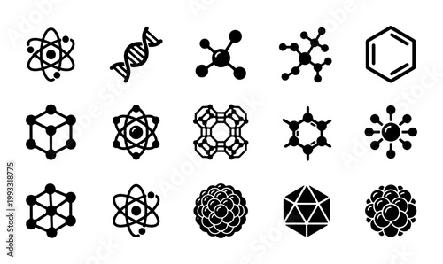 Scientific molecule icon set, 15 black chemistry vector symbols, atom and DNA helix graphic elements, laboratory research and physics icons