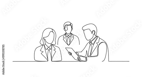 Business meeting with three people in a minimalist line art style, discussing documents