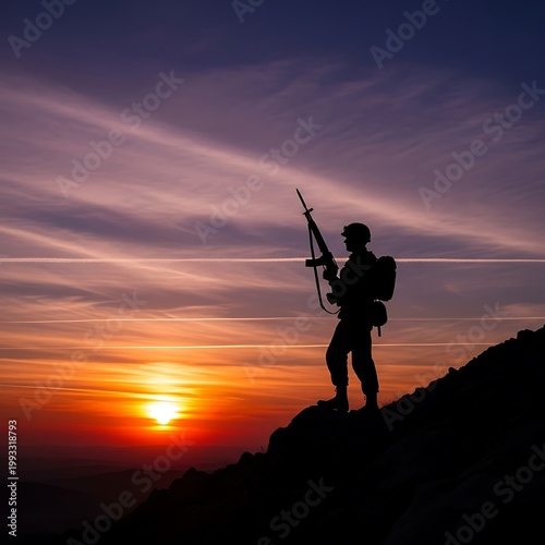 Armed figure stands in silhouette atop a rugged peak against a vibrant sunset sky