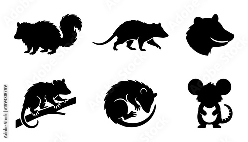 Quadro su tela Opossum silhouette collection, set of 6 wild animal icons