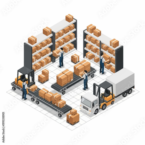 Warehouse logistics and supply chain operations with forklifts and workers.