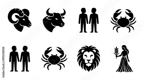 Zodiac signs black silhouette icons set, astrology horoscope symbols collection, celestial star sign vector illustrations for mystical branding