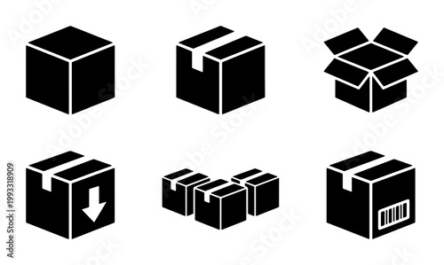 Cardboard box icon set, 6 black shipping package vectors, isometric delivery parcel collection, logistics and warehouse storage symbols