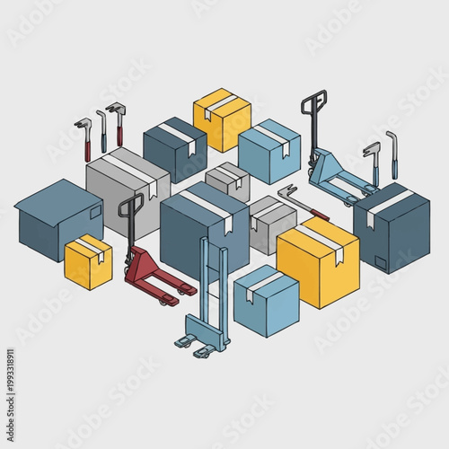 Warehouse logistics with boxes and pallet jacks illustration.