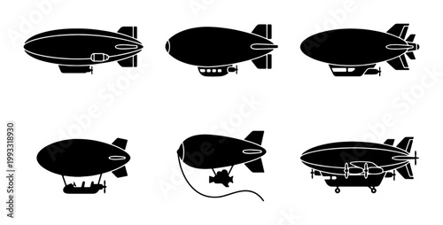 Vintage airship silhouette collection, 6 black blimp vector icons, retro dirigible and zeppelin transport symbols, aviation history graphic set
