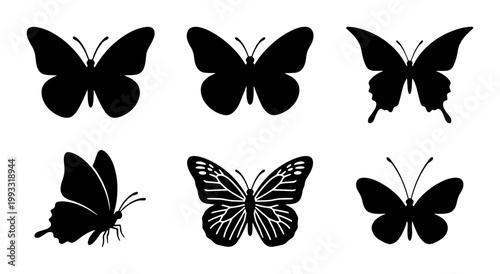 Black butterfly silhouette collection, 6 decorative insect vector icons, minimalist butterfly wing shapes for logo design and nature branding