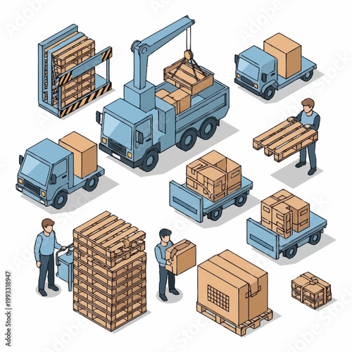 Logistics and delivery services with trucks and cargo.