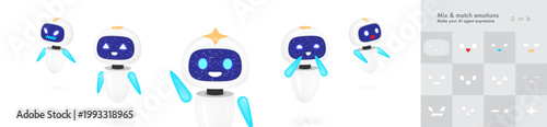 A cute white and blue robot character vector set features various poses and a mix and match emotions panel. This futuristic chatbot mascot kit is perfect for technology and customer service.
