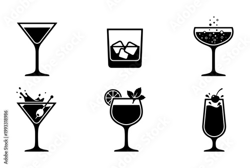Minimalist cocktail icon set, black silhouette drink glass illustrations, collection of 6 alcoholic beverage vector symbols for bar menus and signage